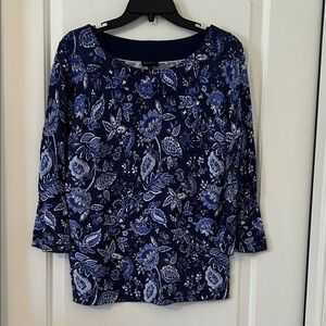 Talbots Navy and White Floral Crew Neck Sweater